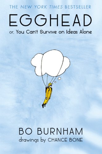 The cover of Egghead: Or, You Can't Survive on Ideas Alone by Bo Burnham with an illustration of a man in a yellow jumpsuit parachuting with a cloud by Chance Bone