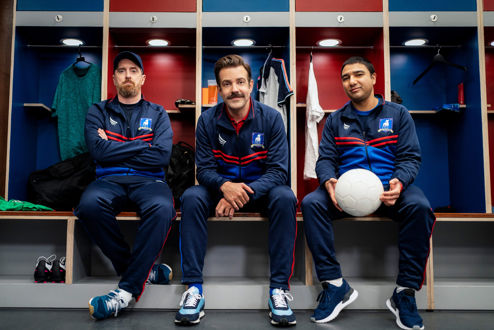 Brendan Hunt, Jason Sudeikis and Nick Mohammed in Ted Lasso