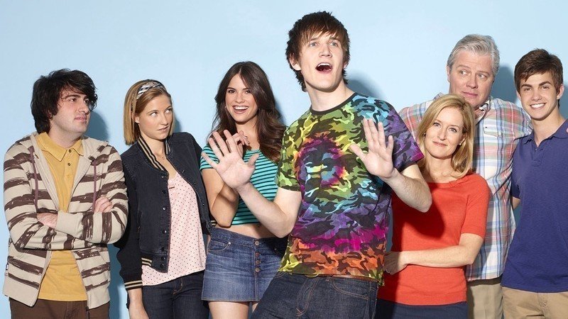 The cast of Zach Stone Is Gonna Be Famous; left to right: Armen Weitzman, Caitlin Gerard, Shelley Hennig, Bo Burnham, Kari Coleman, Thomas F. Wilson, Cameron Palatas
