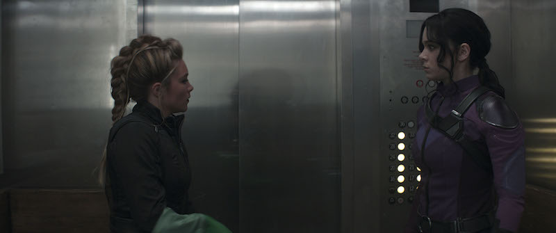 Florence Pugh as Yelena Belova and Hailee Steinfeld as Kate Bishop in Marvel Studios' HAWKEYE