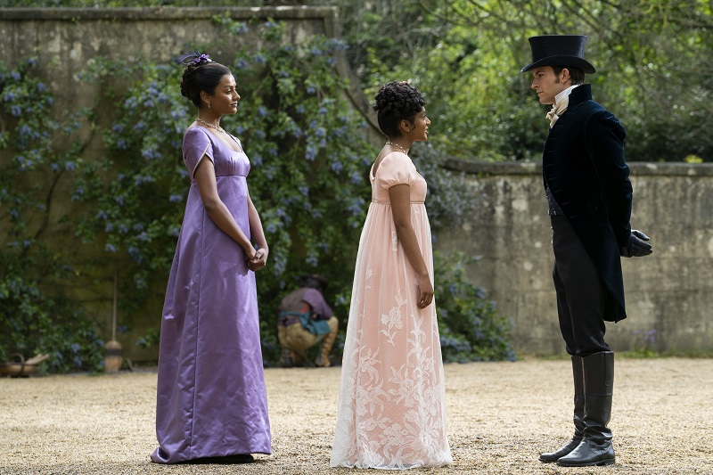 Simone Ashley as Kate Sharma, Charithra Chandran as Edwina Sharma, Jonathan Bailey as Anthony Bridgerton in Bridgerton