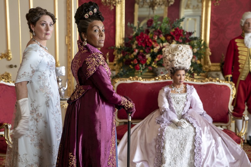 Ruth Gemmell as Lady Violet Bridgerton, Adjoa Andoh as Lady Danbury, Golda Rosheuvel as Queen Charlotte in Bridgerton
